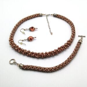 Handmade Copper Beaded Jewelry Set Necklace Bracelet Earrings Matching